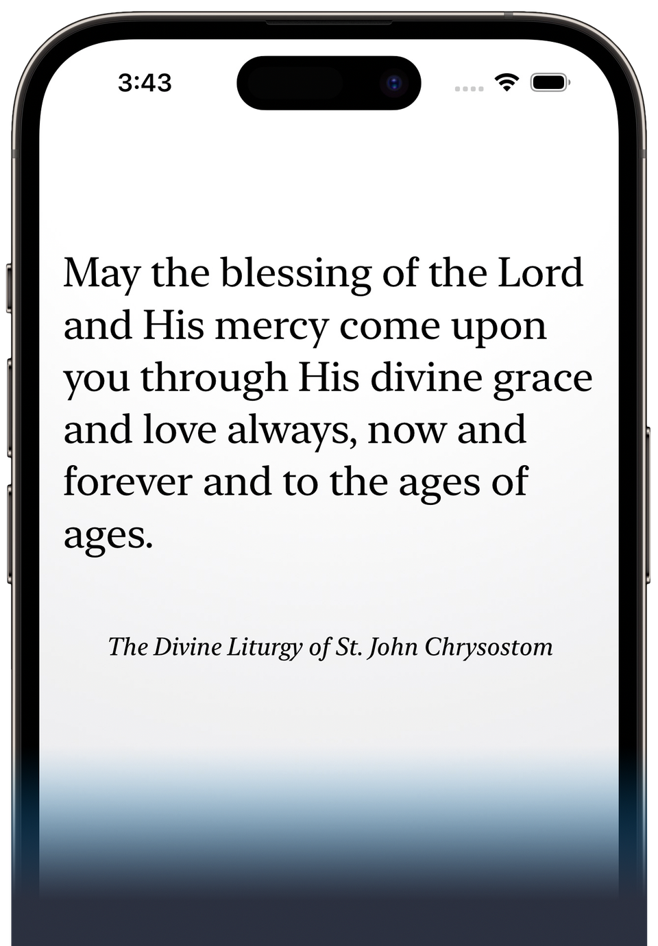 A screenshot of the Benediction App running on an iPhone, with a prayer from The Divine Liturgy of St. John Chrysostom.